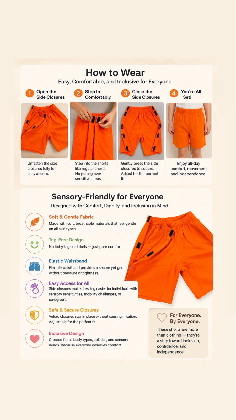 Sensory-Friendly Adaptive Shorts for Kids & Adults | Easy Side-Opening Velcro Shorts